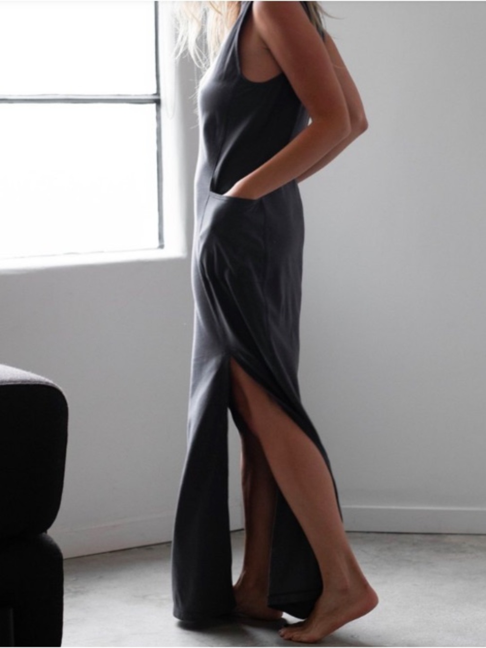 Lunya Womens Cool Panel Sleeveless Maxi Dress Grey Pockets XS - Picture 2 of 16